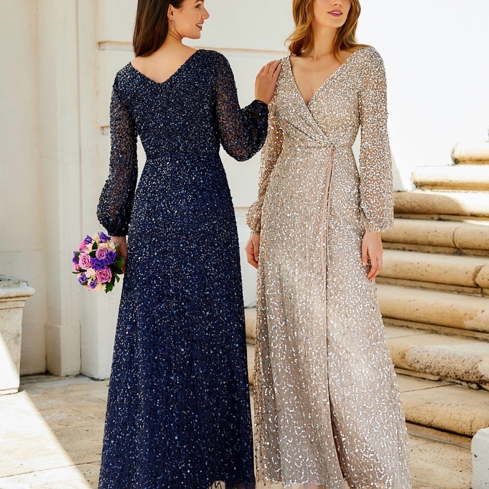 Adrianna Papell Sequin Long Sleeve Wrap Maxi Dress - Rose Gold